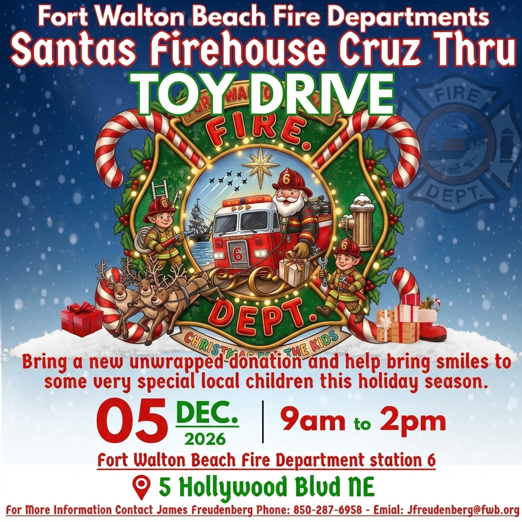 Santa’s Firehouse Cruz Thru Toy Drive invitation for December 5, 2026, 9 a.m. to 2 p.m. at Station 6.